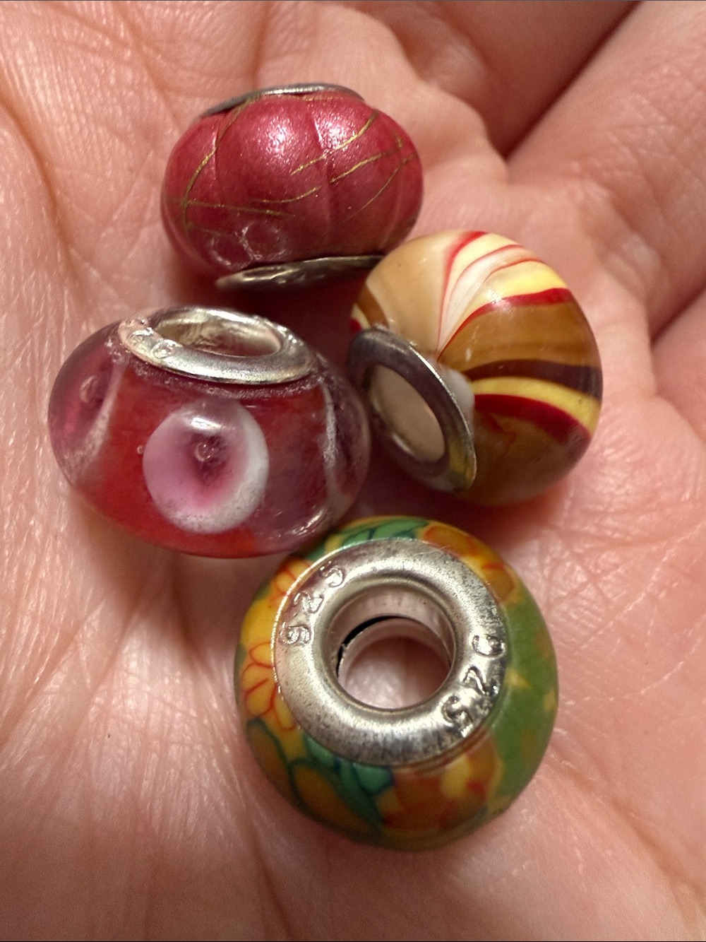 Sterling silver 925 Multicolored Glass Charm Beads Set of 4